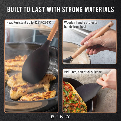 BINO 2-Piece Wooden Handle Silicone Mixing Spoons & Spatulas Set - Black | Heat Resistant Kitchen Utensils for Nonstick Cookware | BPA Free | Cook...