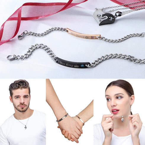 Jstyle 4Pcs Couple Necklace Bracelets Matching Set for Women Men Heart Pendant Necklace His and Hers Bracelets Couple Gift...