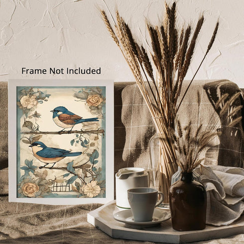 Posterizer 1 pcs- Two blue birds with wild flowers arround them-Art for Animal Lovers-Floral Botanical Art- Gift for Men Women Teens-Decor for Ho...