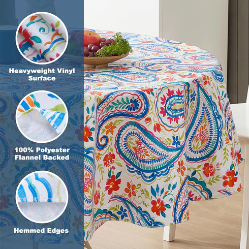 Newbridge Boho Chic Paisley Vinyl Tablecloth with Flannel Backing, 70 Inch Round, Blue Red and Pink Floral Print, Wipe Clean Table Cover for Dinin...