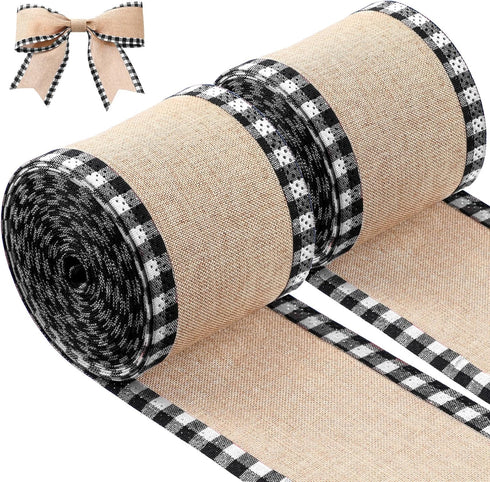 2 Rolls Christmas Buffalo Plaid Wired Edge Ribbons Christmas Tree Burlap Fabric Craft Wrapping Ribbon with Checkered Edge, 216 Inch(2.5 Inch Width...