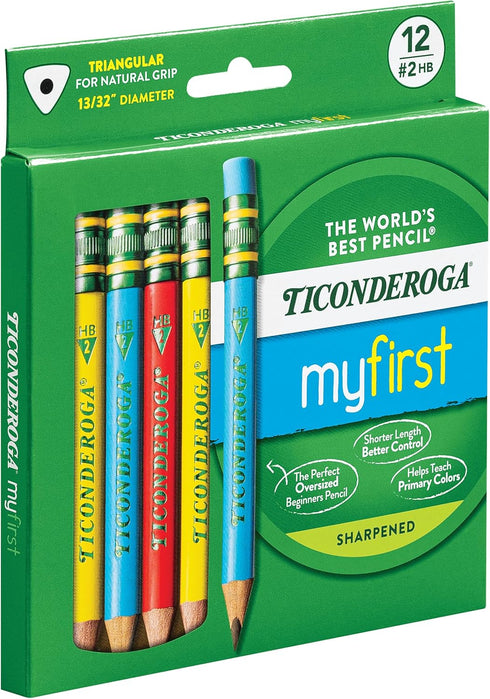 Ticonderoga My First Short Triangular Wood-Cased Pencils, 2 HB Soft, With Erasers, Primary Colors, 12 Count...