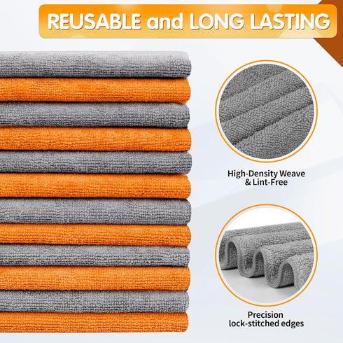 FIXSMITH Microfiber Cleaning Cloth -Pack of 12, Highly Absorbent Cleaning Rags(Grey&Orange), 16"X12" All Purpose Cleaning Towels for Housekeeping,...