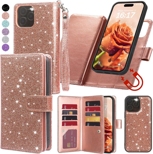 Varikke for iPhone 12 Wallet Case Detachable with Card Holder for Women, Fashion Glitter PU Leather Strap Strong Magnetic Flip Wallet Removable Ph...