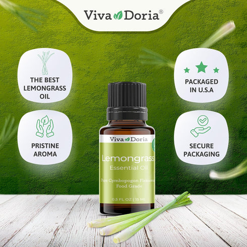 Viva Doria 100% Pure Lemongrass Essential Oil, Undiluted, Food Grade, 15 mL (0.5 Fluid Ounce)...