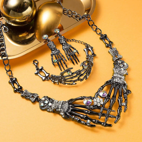 Miraculous Garden 3 Pack Halloween Gothic Skull Skeleton Collar Choker Necklace Link Bracelet and Drop Earrings Jewelry Set for Women...