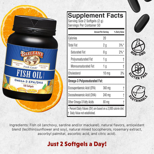 Barlean's Omega 3 Fish Oil Supplements, Supplement Softgels for Men and Women, 600mg EPA and DHA Fatty Acids, Orange Flavored, 100 Count...