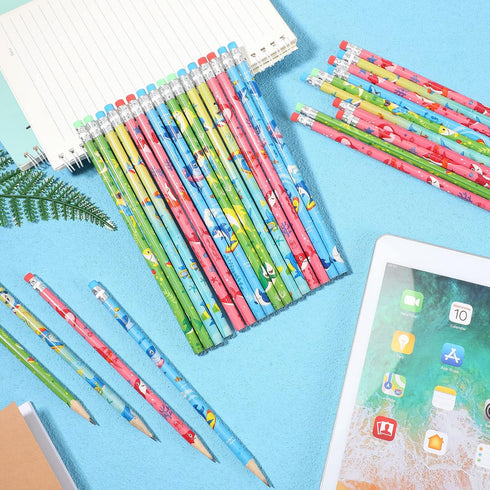 Geyee 36 Pcs Space Pencils for Kids Hawaiian Themed Party Favors Assorted Shark Pencils Novelty Wood Pencils Fun Designs Writing Pencils with Eras...