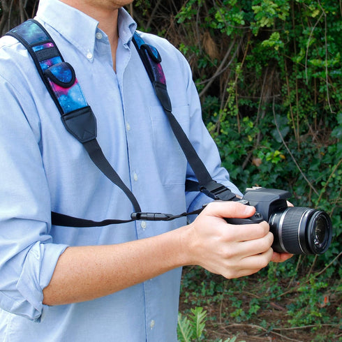 USA GEAR DSLR Camera Strap Chest Harness with Quick Release Buckles, Galaxy Neoprene Pattern and Accessory Pockets - Compatible with Canon, Nikon,...