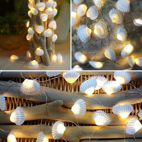Natural Beach Seashell String Lights 13.85 Ft 40 Warm White LED Weatherproof Battery Operated 8 Modes Ocean Lights for Holiday Parties Bedrooms We...
