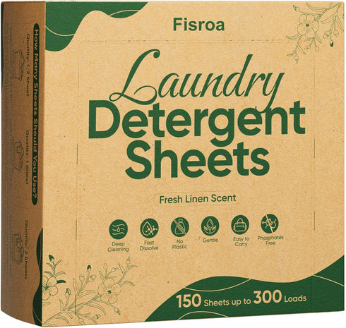 Travel Laundry Detergent Sheets Eco-friendly 300 Loads Fisroa Clothes Washing Detergent Sheets Plastic-Free Washer Sheets, Fresh Linen Scent Liqui...