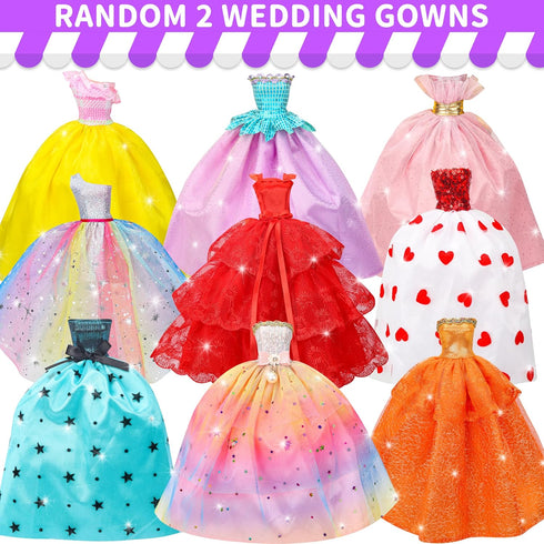 56 Pcs Doll Clothes and Accessories,2 Wedding Gowns 2 Evening Dresses 6 Fashion Dresses 4 Set Casual Outfit Top and Pant 2 Swimsuit,20 Hanger 10 S...