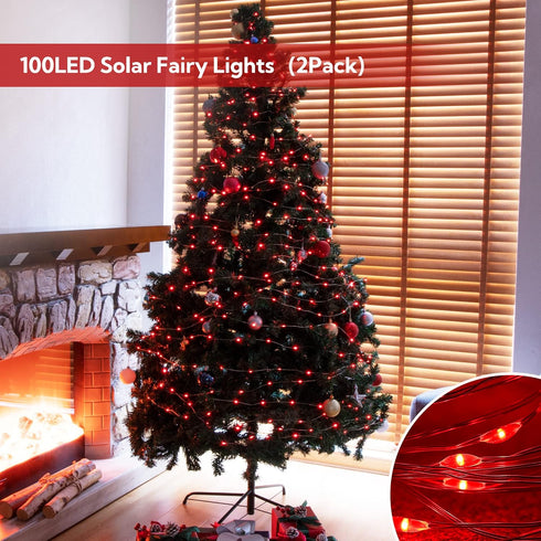 2 Pack 100 LED Solar Red String Lights,33ft Solar Halloween Lights Outdoor,8 Modes Waterproof Red Solar Fairy Lights for Christmas Tree Party Wedd...