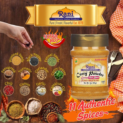 Rani Curry Powder EXTRA HOT (11-Spice Authentic Indian Blend) 3oz (85g) PET Jar ~ All Natural | Salt-Free | Vegan | No Colors | Gluten Friendly | ...