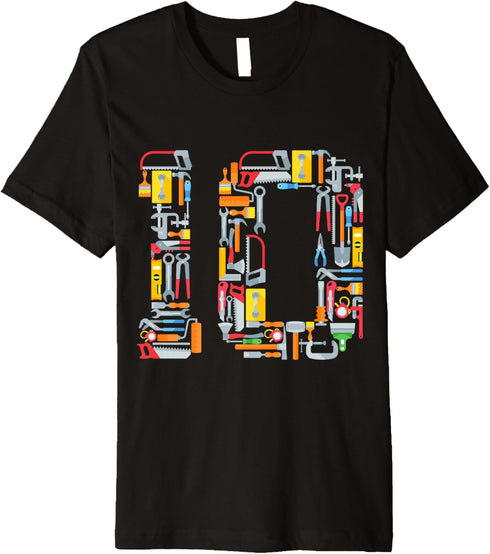 10th Birthday Construction Building Tools Kids 10 Year Old Premium T-Shirt...