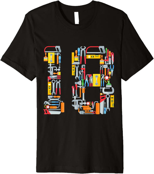 18th Birthday Construction Building Tools Boys 18 Years Old Premium T-Shirt...
