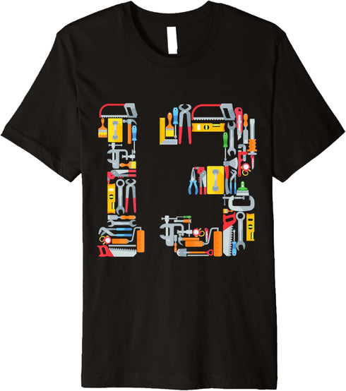 13th Birthday Construction Building Tools Boys 13 Years Old Premium T-Shirt...