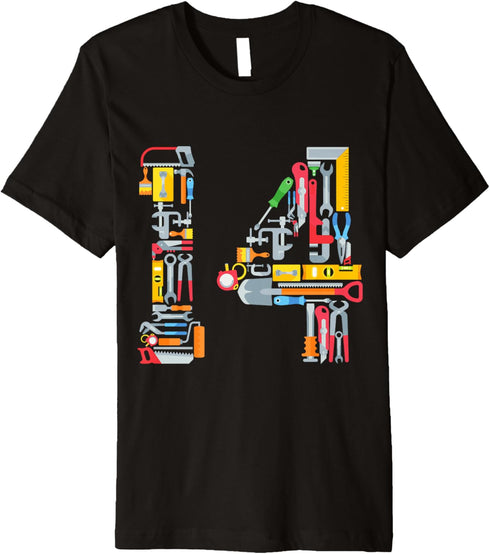 14th Birthday Construction Building Tools Boys 14 Years Old Premium T-Shirt...