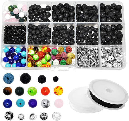 Mandala Crafts Volcanic Lava Beads for Jewelry Making Bulk Kit - Natural Lava Stone Beads 7 Chakra Beads - 4mm 6mm 8mm 500 Lava Rock Beads for Ess...