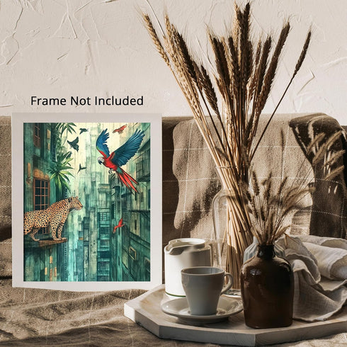 Posterizer-jungle scene with animals in urban city setting -1-Abstract & Modern Art-Art for Animal Lovers-Decor for Home & Office- unframed wall a...