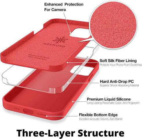 IceSword iPhone 12 Case and iPhone 12 Pro Case 6.1” (2020),Liquid Silicone Case Cover, Soft Microfiber Cloth, Matte Pure Red Cute Men Women Cool F...