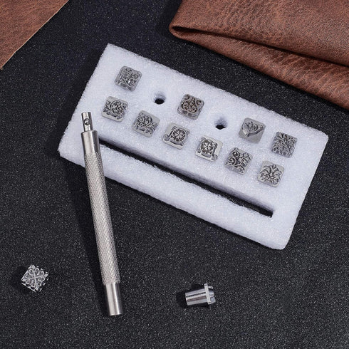 PH PandaHall 12pcs 10mm Zinc Alloy Leathercraft Metal Flower Pattern Stamps Punch Set Tool with 1pc Handle for Leather Craft Belt Bag Craft DIY Je...