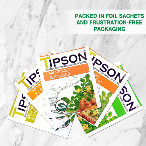 Tipson Organic Moringa Variety Sampler - 6 Flavors (60 Tea Bags),- Herbal Tea Infusions - USDA Organic, Non-GMO, and Gluten Free...