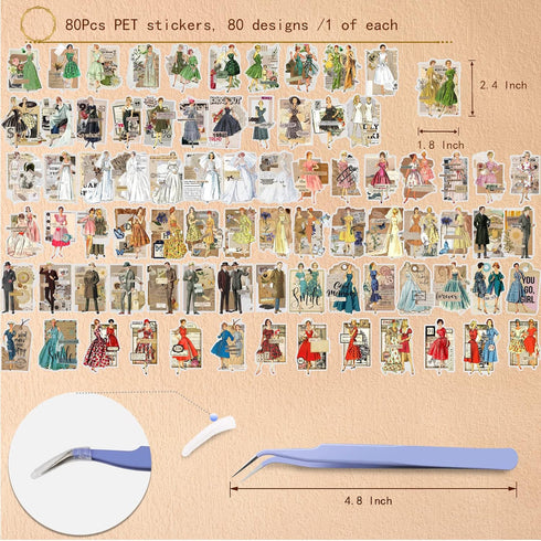 80Pcs Vintage Washi Stickers for Scrapbooking Supplies, People Scrapbook Stickers for Journaling, Transparent Waterproof Stickers Junk Journal Bul...