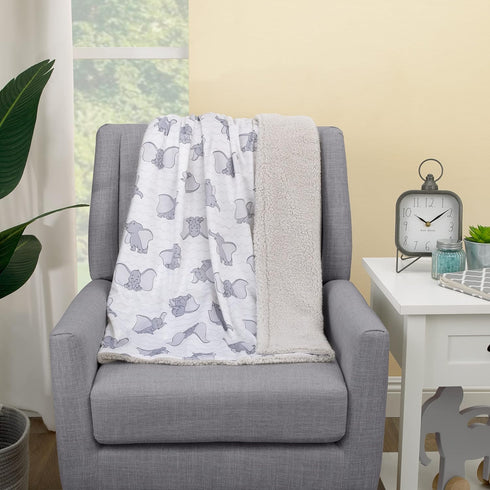 Disney Dumbo White and Grey Super Soft Baby Blanket with Sherpa Back...