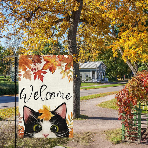 Welcome Fall Garden Flag 12 x 18 Inch Vertical Double Sided Burlap, Autunm Cute Cat Garden Yard Flags for Yard Thanksgiving Holiday Outside Outdoo...