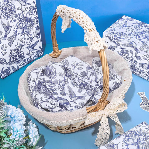 Whaline 100 Sheets Blue White Floral Tissue Paper Chinoiserie Flower Bird Gift Wrapping Paper DIY Art Craft Tissue Paper for Packaging Wedding Bir...