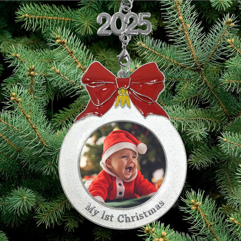 Baby's 1st Christmas Photo Ornament with a 2025 Charm - Shaped Like a Bulb with White Glitter and A Red Bow Design - Gift-Storage Bag Included - 3...