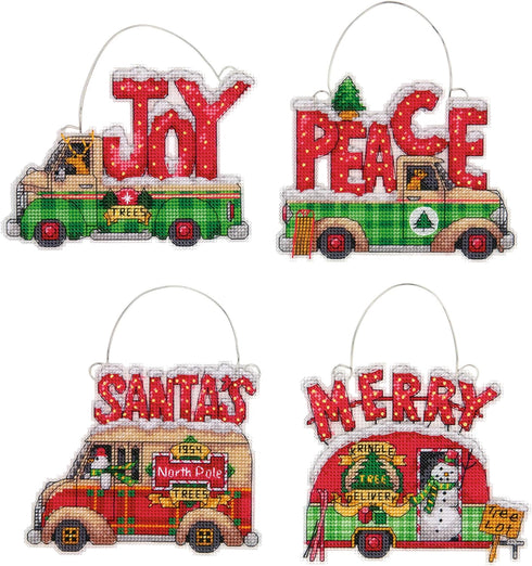 Dimensions Holiday Truck Christmas Ornaments Counted Cross Stitch Kit for Beginners, 14 Count Plastic Canvas, 4pc...