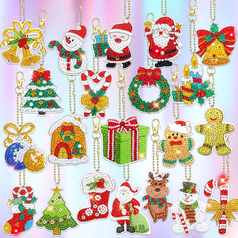 21 Pcs Christmas DIY Diamond Key Chain Ornaments 5D Painting Key Ring Rhinestone Pendant Decorative Hanging Ornament Dot Art Kits Diamond Art Chri...