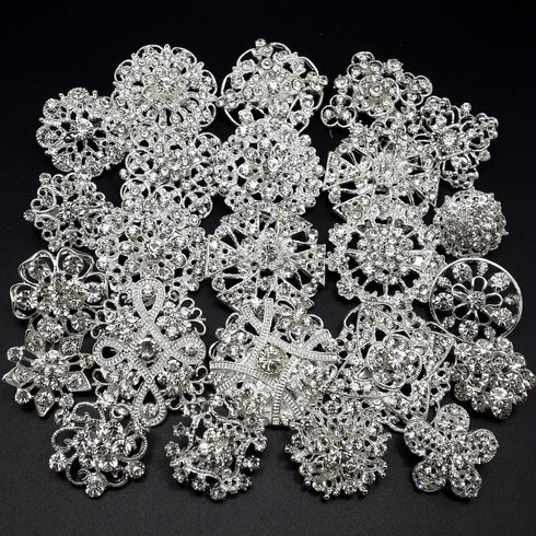Brooches and Pins for Women, Lot 24pc Silver Color Clear Rhinestone Crystal Flower Brooch Pin DIY Wedding Bouquet Broaches Set...