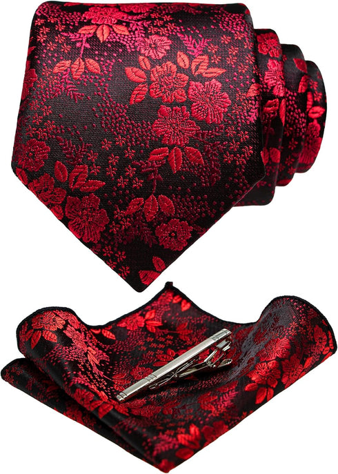 Floral Necktie and Pocket Square Tie Clip Sets for Men...