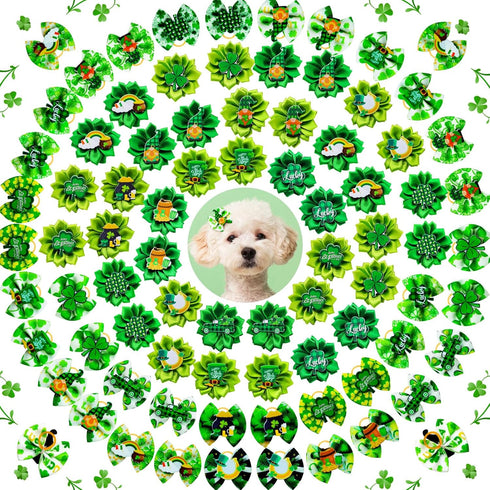 80pcs St.Patrick's Day Dog Bows, Holiday Pet Samll Dog Hair Grooming Bows with Rubber Bands, St.Patrick's Day Green Lucky Clover Element Dog Hair ...