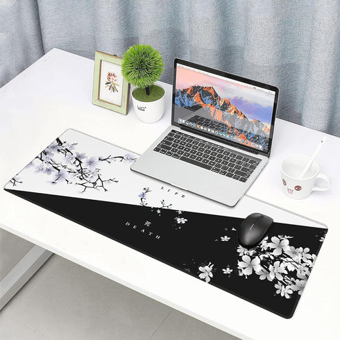Black White Cherry Blossom Mouse Pad Japanese Sakura Death Life Flower Extended Desk Mat 80X30 cm Non-Slip Rubber Base Stitched Edge Large XL Play...