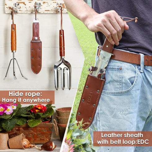 SHALL Hori Hori Garden Knife, Gardening Knife with Leather Sheath, Rosewood Handle & Hide Rope, 7” Stainless Steel Blade, Rope Cutting Edge, for D...