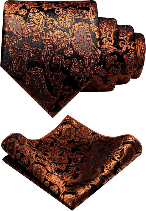 Mens Paisley Tie and Pre-tied Paisley Bow Tie with Pocket Square Cufflinks Clip Set...