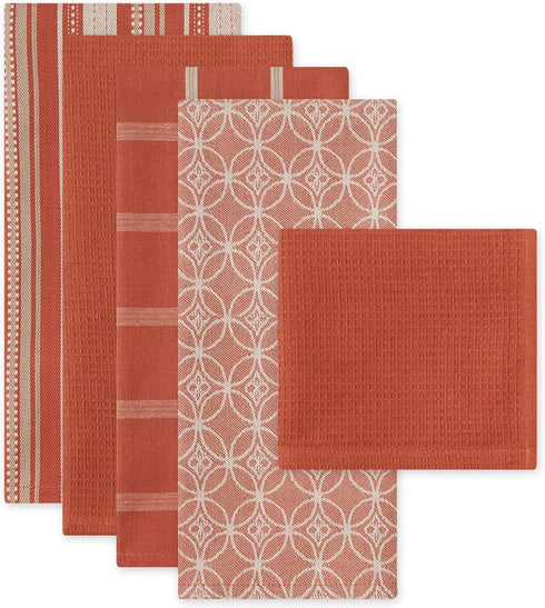 DII Assorted Woven Kitchen Set, Dishtowel, 18x28, Dishcloth, 13x13, Spice, 5 Piece...