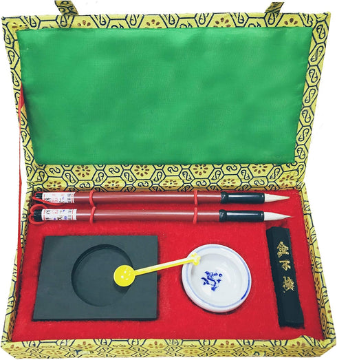 7 PCS Chinese Calligraphy Inkstone + water bowl + Ink stick + 2 Brush Pens + Ink Spoon + Gift Box Set for Kids Child Beginner...