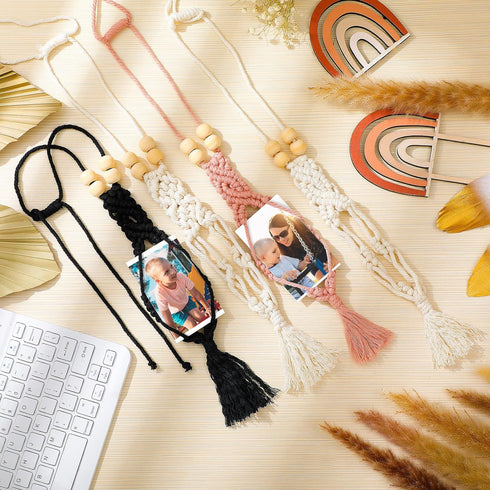 4 Pcs Car Picture Frames Macrame Hanging Photo Display Bohemian Car Hanging Accessories Car Rearview Mirror Pendant Car Decoration Hanging Ornamen...