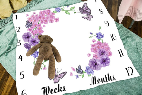 Baby Age Blanket Purple Floral Butterfly Baby Monthly Milestone Blanket Newborn Photo Baby Memory Blanket for Girls 48x40 Inch Baby Growth Chart S...