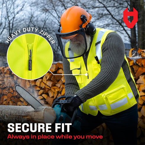 NoCry Premium Reflective Safety Vest for Men with Heavy Duty Stitching & Phone Pocket — ANSI Class 2 Safety Vest with Pockets — Ideal Neon Constru...