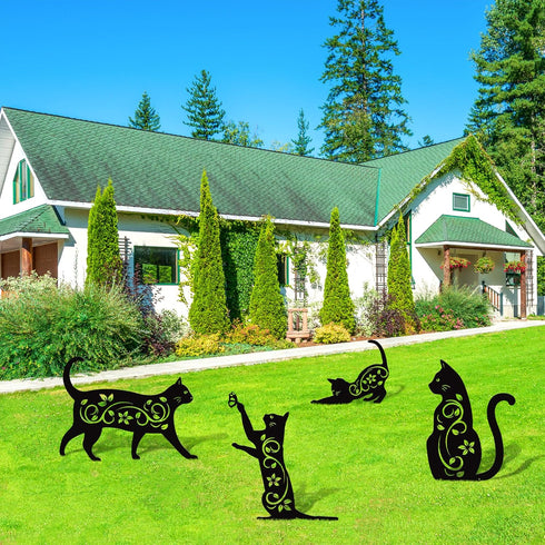 Elcoho 4 Pack Black Cat Silhouette Cute Metal Cat Garden Statues Bird Repellent Cat Decorative Garden Stakes for Yard, Garden, Lawn Outdoor Decora...