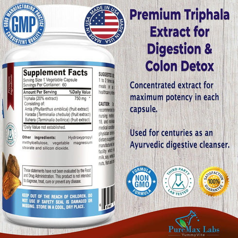 Triphala Capsules - Combination of Amla, Harada (Haritaki) & Bahera (Bibhitaki) - Digestion & Colon Support, Immune System Support - 60 Capsules...