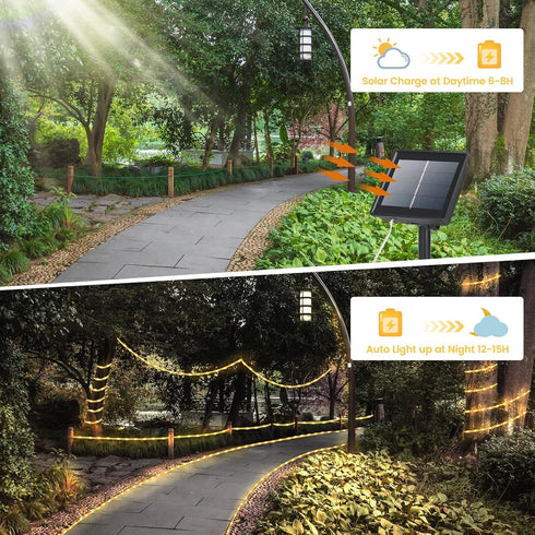 Solar Rope Lights, 66ft 200LED Solar Powered Outdoor String Lights, Waterproof 8 Modes Flexible Clear Tube Fairy Lights for Outside, Garden, Steps...