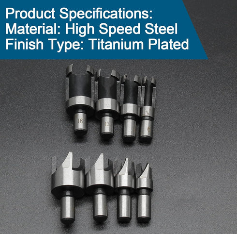 8pcs Wood Plug Cutter Bits, Dowel Bits Set Cork Cutting Tool, Straight & Tapered Bit Set Metric Plug Cutter, Tenon Drill Bit for Woodworking (4 Si...