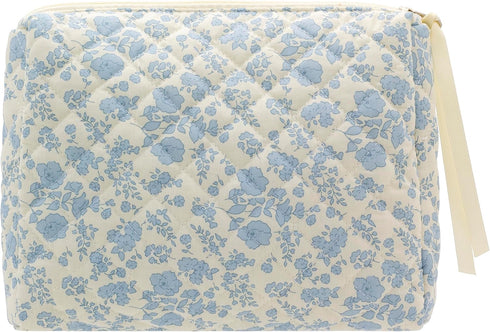 PAZIMIIK Cotton Makeup Bag for Women Large Quilted Travel Cosmetic Pouch Girls' Make Up Organizer,Little Flower Blue...